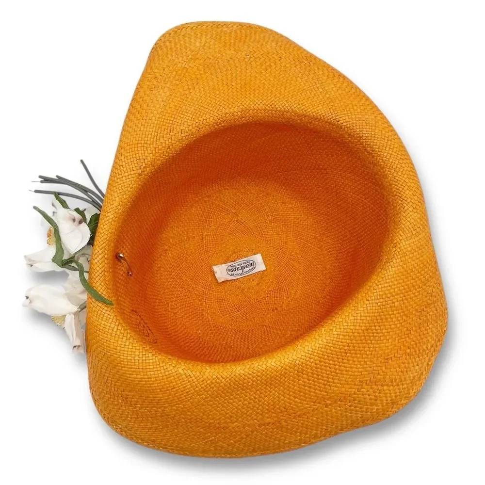 Vintage 1960s Madcaps Orange Straw Hat White Blossom Flower Pin Trim Wide Brim - Picture 13 of 16